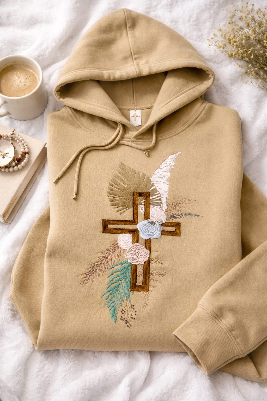 Floral Cross Embroidered Hoodie