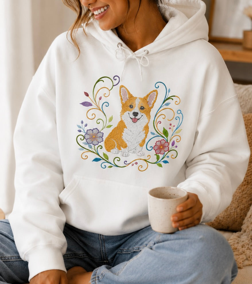 Floral Corgi Embroidered Hoodie
