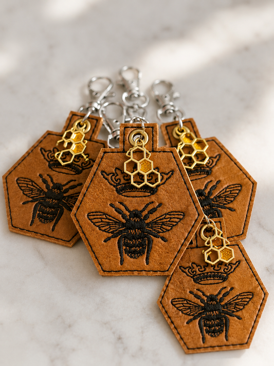 Queen Bee Embroidered Leather Keychain