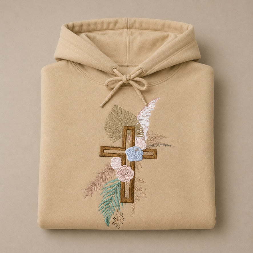 Floral Cross Embroidered Hoodie