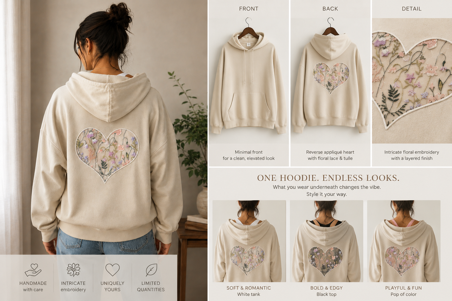Floral Lace Heart Reverse Appliqué Hoodie