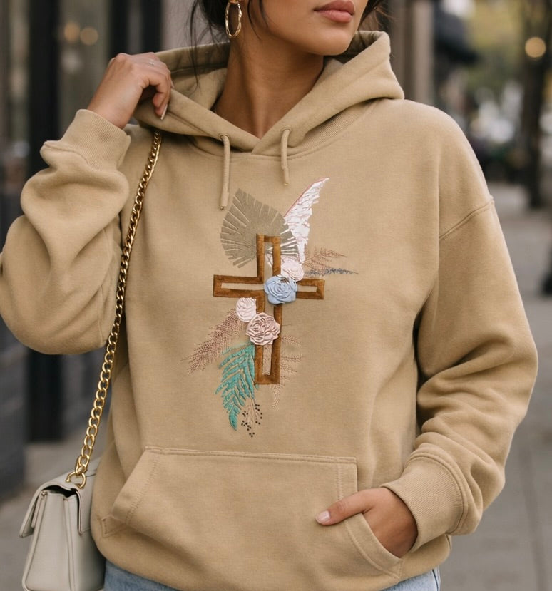 Floral Cross Embroidered Hoodie