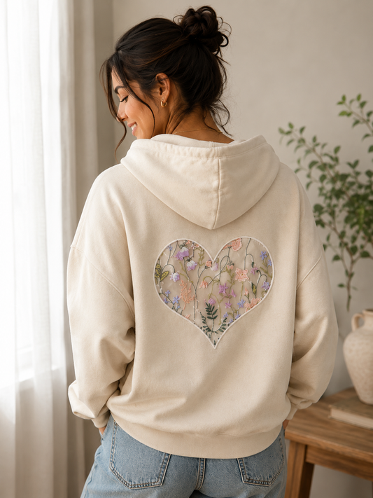 Floral Lace Heart Reverse Appliqué Hoodie