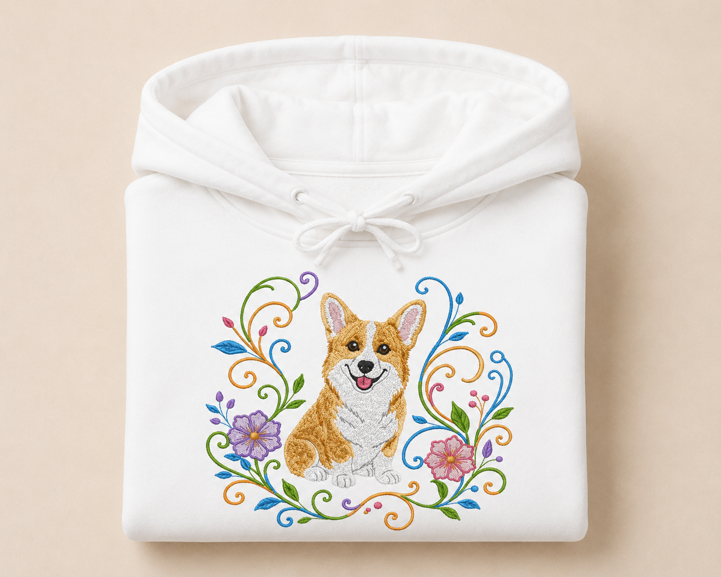 Floral Corgi Embroidered Hoodie