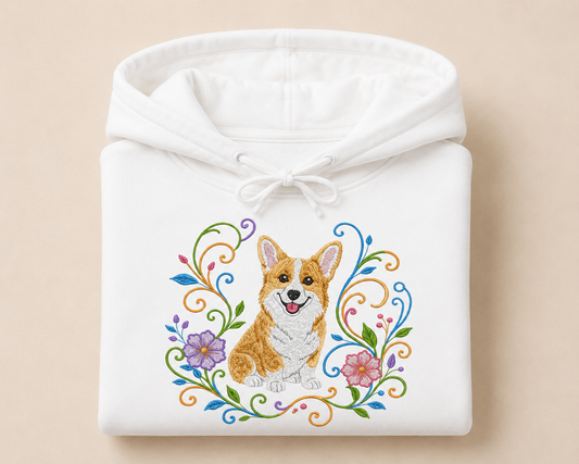 Floral Corgi Embroidered Hoodie