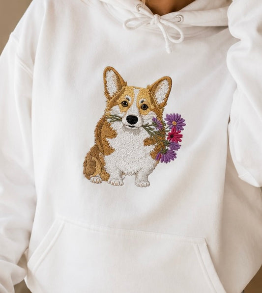 Corgi with Flowers Embroidered Hoodie