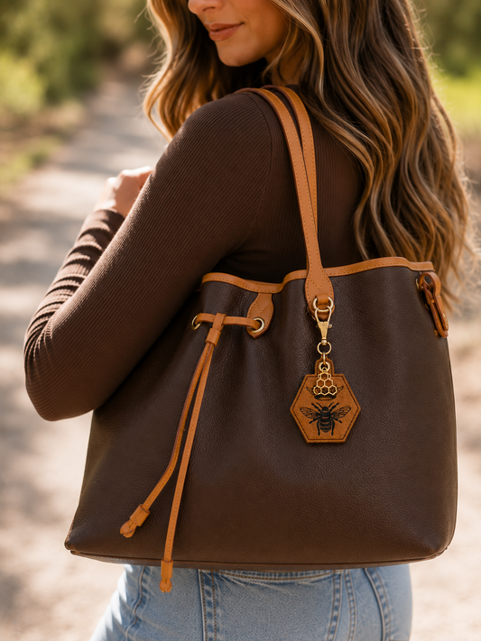 Queen Bee Embroidered Leather Keychain